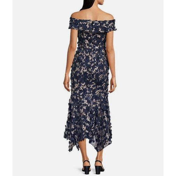XSCAPE Off-The-Shoulder Embroidered 3D Floral Lace Midi Dress Navy Sz 12/14 NWT - Picture 10 of 16